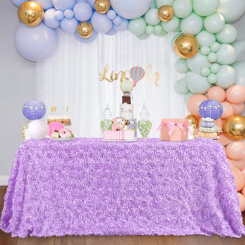 B.Cool B-COOL 60 x102 Inch Rosette Table Lavender 3D Floral Table Cloth Satin Rosette Tablecloths for Home Daily Birthday Decor Baby Shower Party - Image 1